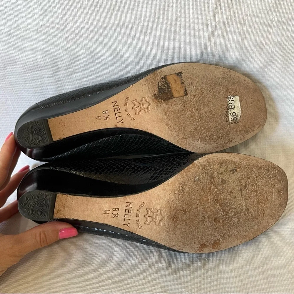 Brighton Nelly Black Leather Peep Toe Wedge Heels